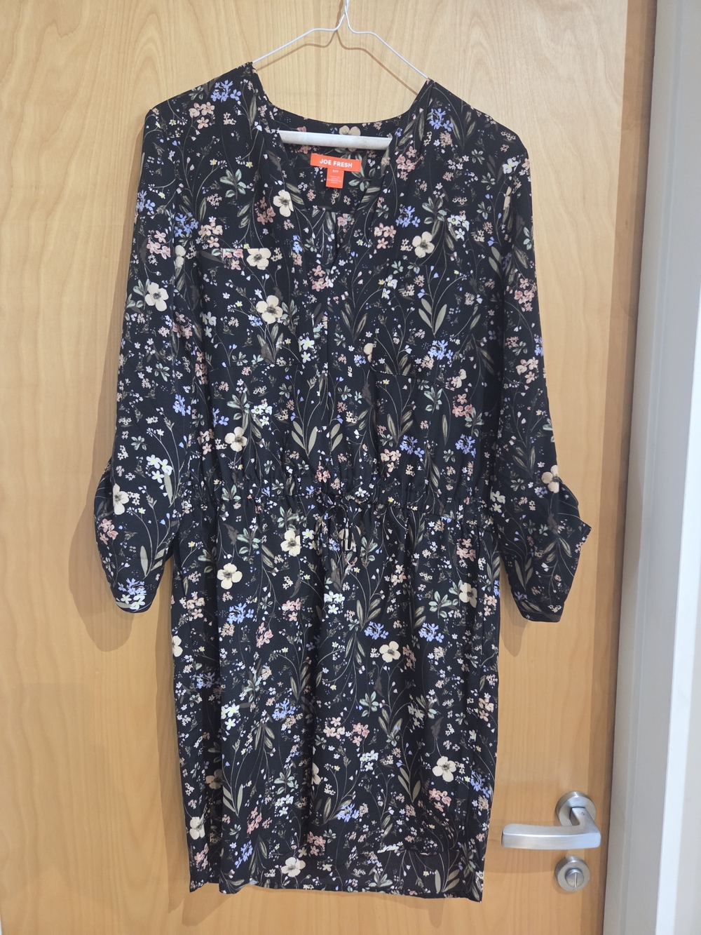 Joe Fresh Black Floral V-Neck Long Sleeve Dress - Picture 1 of 4